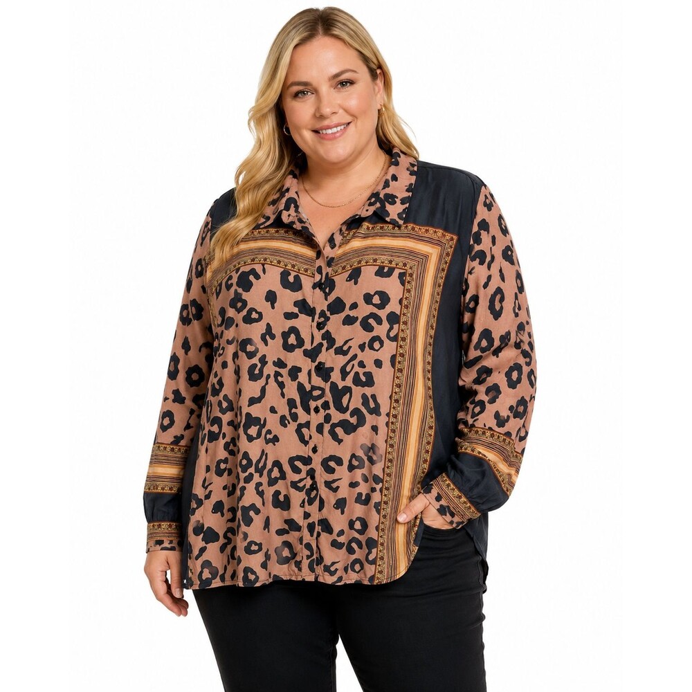 Tolani Collection Women’s XL Leopard Safari Print Modal Button Front Blouse
